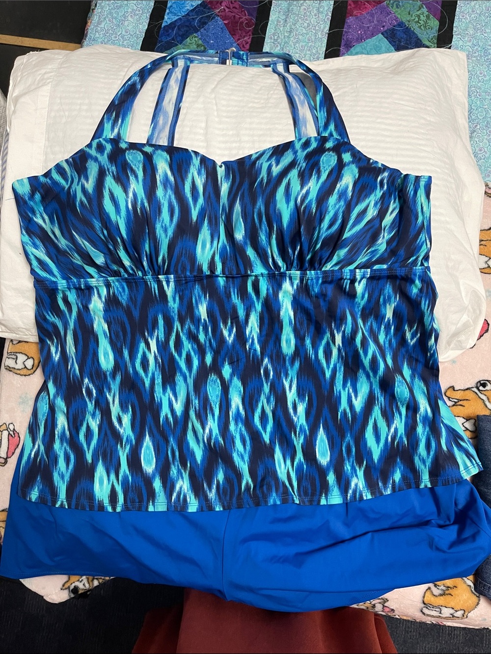 Blue Printed One-Piece Swim Tank with Shelf Bra